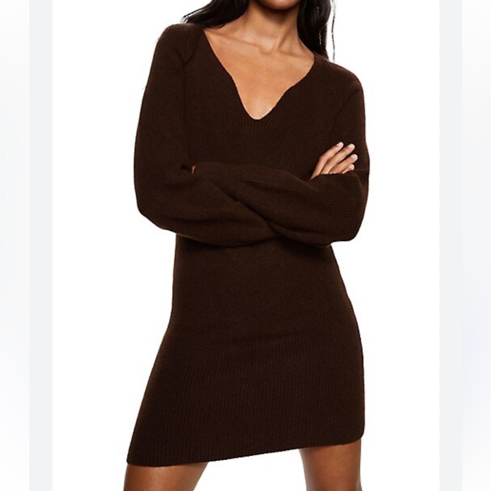 Mango Chocolate Brown Knit V-Neck Mini Dress BNWT